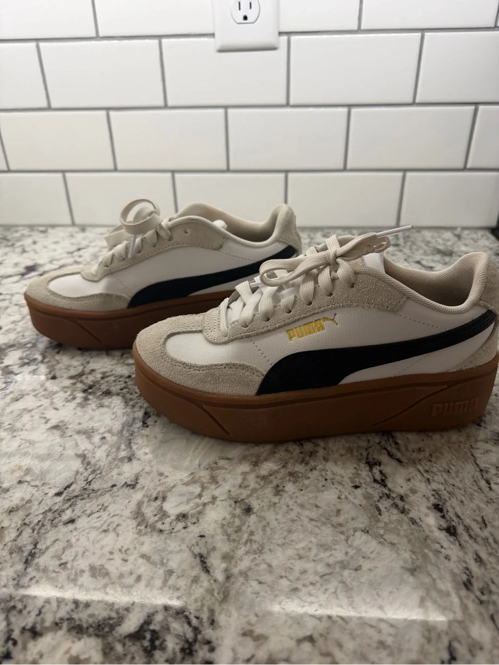 Puma White Black Low-Top Platform Sneakers with Gum Sole